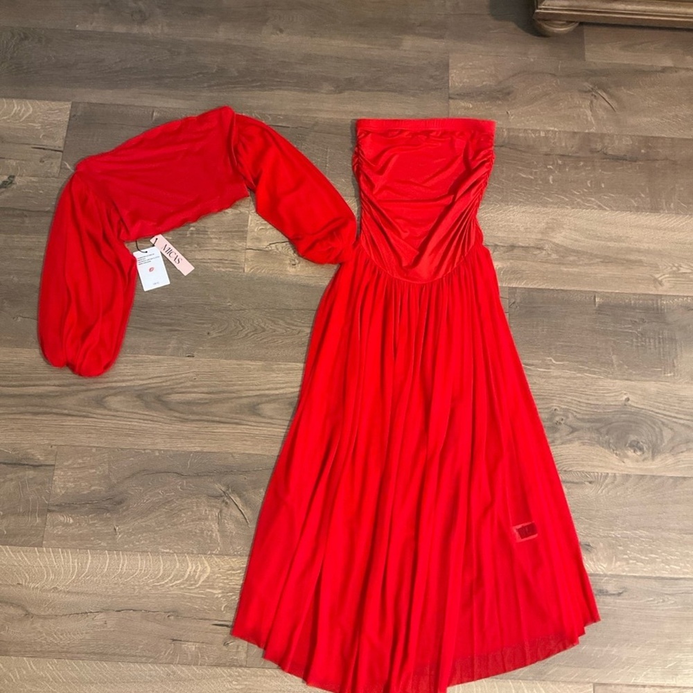 Mica’s red strapless sheer midi dress with peekaboo sleeve bandeau top, S, NWT!